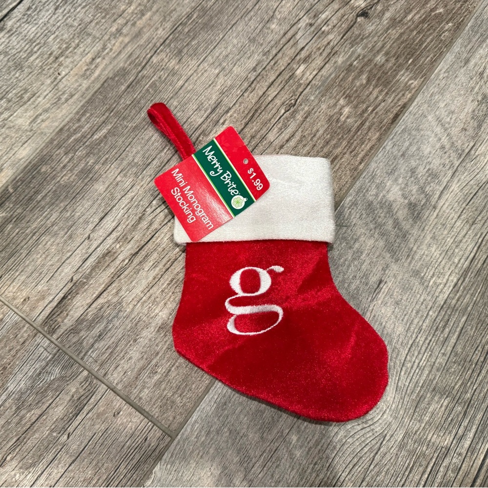Merry Bright mini monogram stocking G